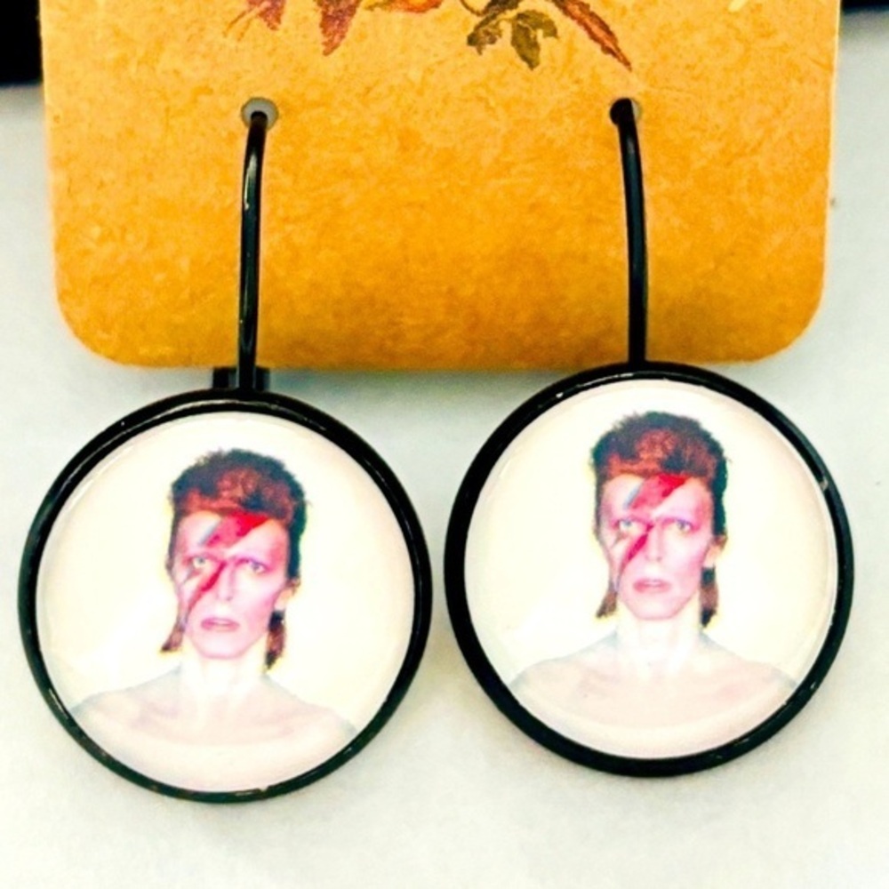 16mm David Bowie Black Lever Back Earrings, NWT, Handmade, Unworn
